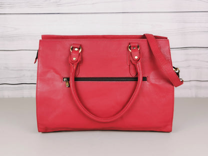 red leather handbag